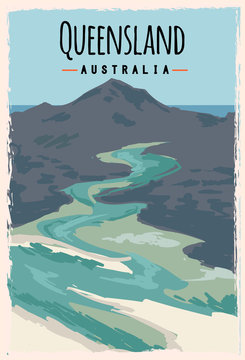 Queensland Retro Poster. Queensland Travel Illustration. States Of Australia Greeting Card. Whitehaven Beach, Whitsunday Island.