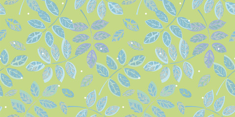 Fototapeta na wymiar Green seamless vector repeat pattern with turquoise plant leaf and texture. Perfect for textile and paper projects. Surface pattern design.