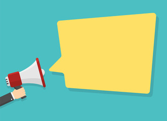 red megaphone in hand with place for text in yellow dialog speech bubble vector illustration. loudspeaker for advertising, promotions, sales, messages. flat illustration on green background