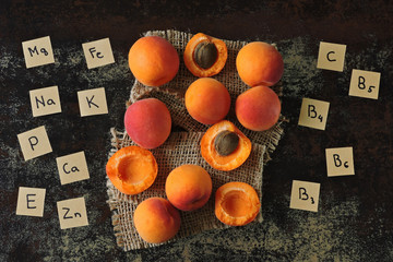 Ripe apricots and the names of the vitamins and microelements contained in them.