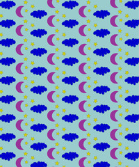 Pattern of moons, stars and clouds on a light blue background
