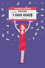 Winning lottery ticket, happy woman holding giant check. Successful boy celebrating chance event of getting first prize, good luck to achieve large money fund. Vector flat style cartoon illustration