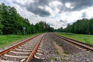 Fototapeta na wymiar Curving railroad track through the forest