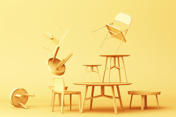 A lot of Chairs and coffee table in yellow colour tone. 3d rendering