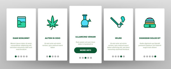 Marijuana Smoking Culture Vector Onboarding Mobile App Page Screen. Cannabis Legalization Contour Symbols Pack. Smoking Hemp Pictograms Collection. Rastaman culture. Drug Consumption Illustrations