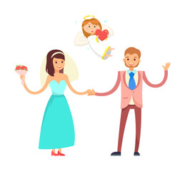 Bride and groom, wedding on Valentines day, cupid angel with heart vector. Marriage ceremony, woman in gown with veil and bouquet, man in tuxedo and tie,