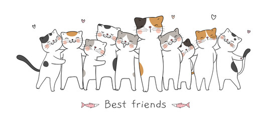 Draw banner cat hug with love and word best friends.