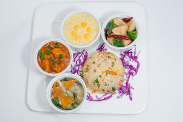 Picking Chicken, Prawn Garlic Pepper, Mixed Vegetable, Fried Rice And Thai Soup Platter.