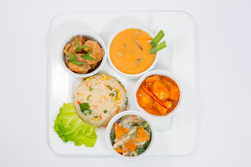 Sichuan Chicken, Sweet & Sour Fish, Mixed Vegetable, Fried Rice and corn Soup Platter.