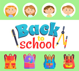 Back to school poster vector, pupils in frames set. Satchels with accessories and supplies for lessons, pen and pencil, rucksack of students children, kids with school objects