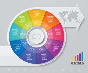 Modern 9 steps pie chart/ circle chart with arrow infographics design element. EPS 10.	