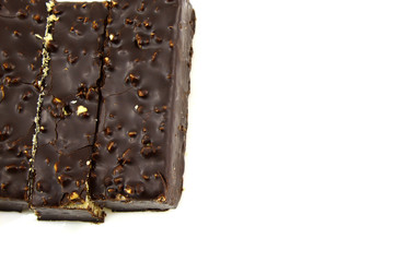 Three pieces of waffle chocolate cake on white background