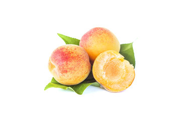 Fresh whole sweet apricot fruits with leaf and half, ripe fruit, isolated apricots, element for package design, on white background