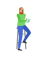 Hipster animal vector, isolated sloth sitting on stool holding note and noting info, document paper in hands of student, worker with task listening