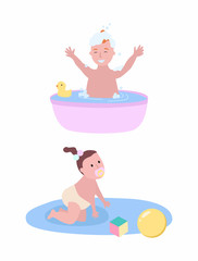 Obraz na płótnie Canvas Boy bathing in small pool with rubber duck and girl on blanket with ball and cube toy isolated cartoon children. Vector one year kids, infant toddlers