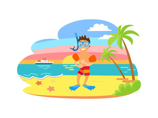 Obraz na płótnie Canvas Child wearing underwater mask, flippers and inflatable circles, standing on beach, smiling character in shorts. Ocean view with ship and sunset vector, beach with palms