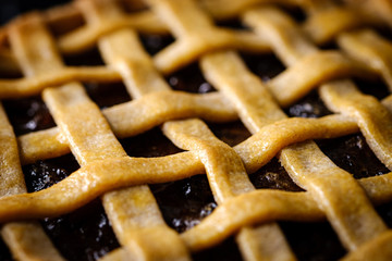 Close up of Homemade rustic pastry Traditional Raisin Pie.