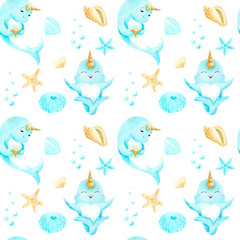 Watercolor seamless pattern for children with cute narwhals and sea elements
