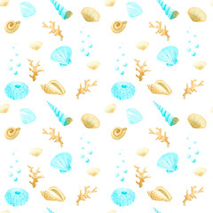 Watercolor seamless pattern with corals, seashells and other sea elements