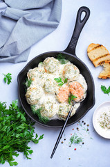 Salmon Balls with Creamy Sauce in a Skillet, Tasty Fish Balls