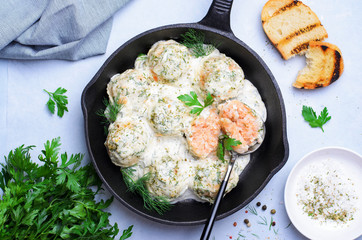 Salmon Balls with Creamy Sauce in a Skillet, Tasty Fish Balls