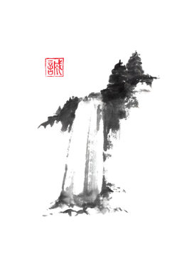Waterfall with fir trees Japanese style sumi-e painting.