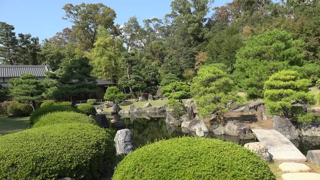 Seiryu-en Garden with the pond & stones of the Nijo Castle. Kyoto, Kansai, Japan