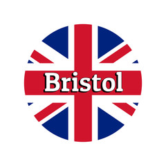 Round button Icon of national flag of United Kingdom of Great Britain. Union Jack on the white background with lettering of city name Bristol. Inscription for logo, banner, t-shirt print.