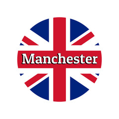 Round button Icon of national flag of United Kingdom of Great Britain. Union Jack on the white background with lettering of city name Manchester. Inscription for logo, banner, t-shirt print.