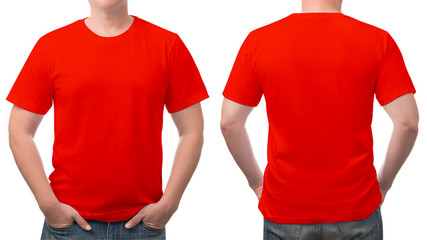 close up red t-shirt cotton man pattern isolated on white.