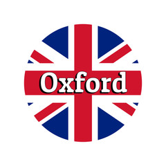 Round button Icon of national flag of United Kingdom of Great Britain. Union Jack on the white background with lettering of city name Oxford. Inscription for logo, banner, t-shirt print.