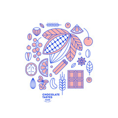 Naklejka premium Chocolate ingredients collection. Flat style. Cocoa, chocolate and berry icons. Vector illustration