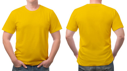 close up yellow t-shirt cotton man pattern isolated on white.