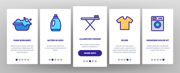 Laundry Line Icon Set Vector Onboarding Mobile App Page Screen. Washing Machine. Clean Dry Cotton. Cloth Laundry Pictogram. Thin Outline Illustration