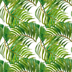 Watercolor trendy tropical print. Seamless pattern with exotic green leaves. Hand painted palm leaf on white background. Botanical design.