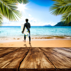 Desk of free space and summer beach landscape 