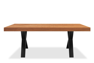 Empty wooden tabletop isolated on white background. For your product placement or montage with focus to the table top in the foreground. Empty pine wooden shelf. shelves