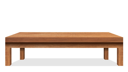 Empty wooden tabletop isolated on white background. For your product placement or montage with focus to the table top in the foreground. Empty pine wooden shelf. shelves