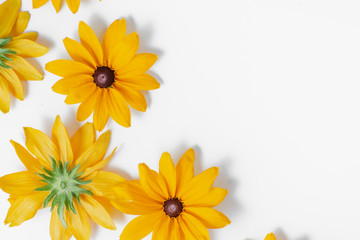 Obraz premium Flowers composition. Pattern made of yellow flowers on white background. Summer and autumn concept. Flat lay, top view, copy space