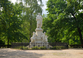 Berlin, Germany, Tiergarten large park in the center of the town with the sculpture from Goethe, famous german writer and politician