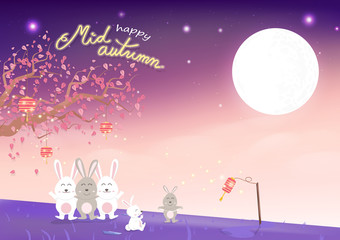 Happy Mid Autumn, cute rabbit family cartoon and sakura falling with full moon, fantasy concept, invitation poster card festival celebration background vector illustration