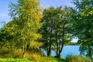 Fototapeta na wymiar Autumn landscape on the Lake Biserovo, Moscow region, Russia.