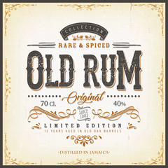 Vintage Old Rum Label For Bottle/ Illustration of a vintage design elegant rum beverage label, with crafted letterring, specific product mentions, textures and floral patterns - obrazy, fototapety, plakaty