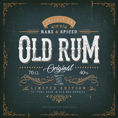 Vintage Old Rum Label For Bottle/ Illustration of a vintage design elegant rum beverage label, with crafted letterring, specific product mentions, textures and floral patterns - obrazy, fototapety, plakaty