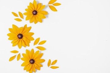Flowers composition. Pattern made of yellow flowers on white background. Summer and autumn concept. Flat lay, top view, copy space