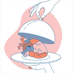 Woman hand holding cloche opening an anatomic heart. Serving tray. Vector illustration