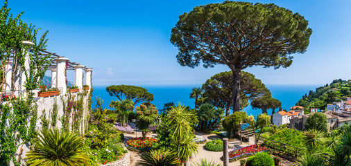 The beautiful gardens of Villa Rufolo in Ravello, Amalfi Coast in Italy