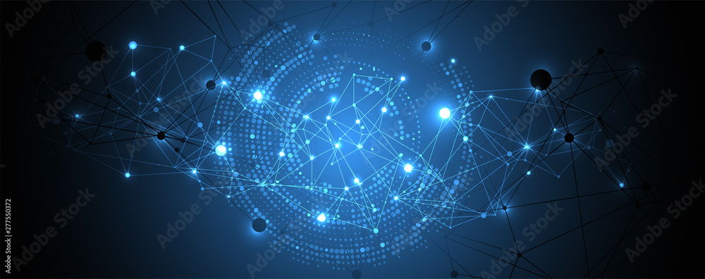 Wall mural polygonal science background with connecting dots and lines. digital data visualization.