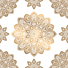 Gold Mandala on white background. Round Ornament Pattern. Vintage decorative elements.  Islam, Arabic, Indian, ottoman motifs.