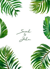 Watercolour tropical leaves border with palm foliage on white background. Modern exotic plants frame for sedding, invitations, cards.